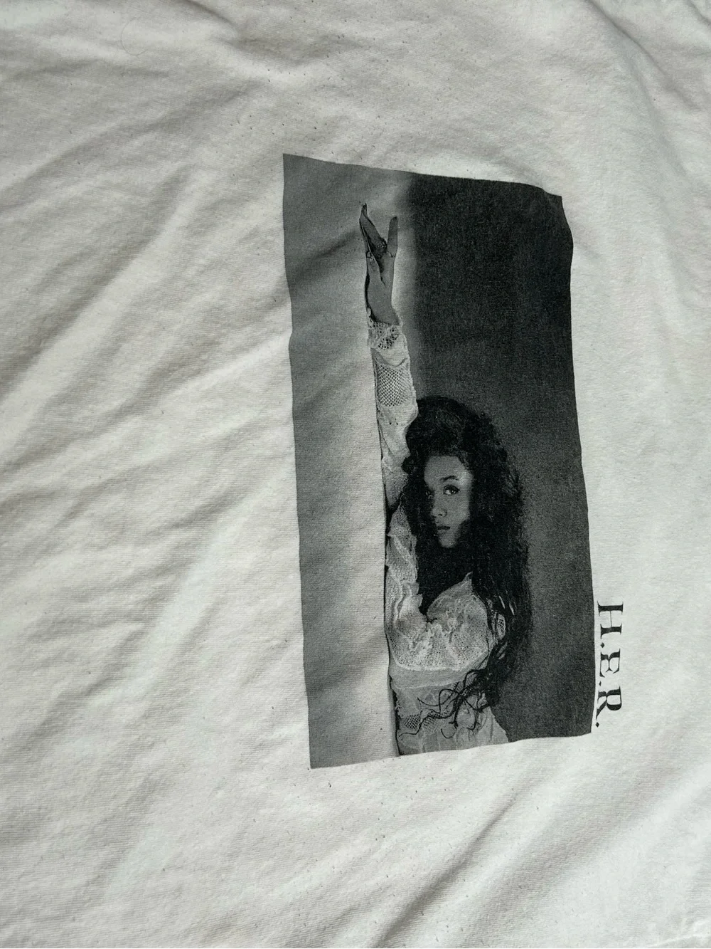 White Graphic Home Art Poster-Style Print Tee shirt of H.E.R.